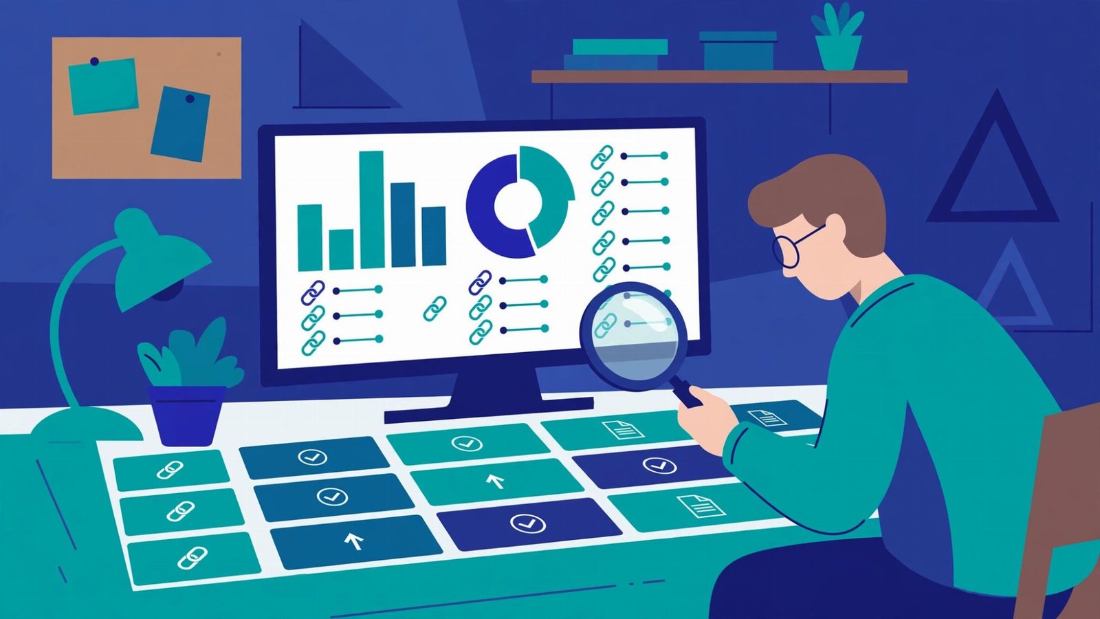 Auditor reviewing a backlink report with relevance and quality checks
